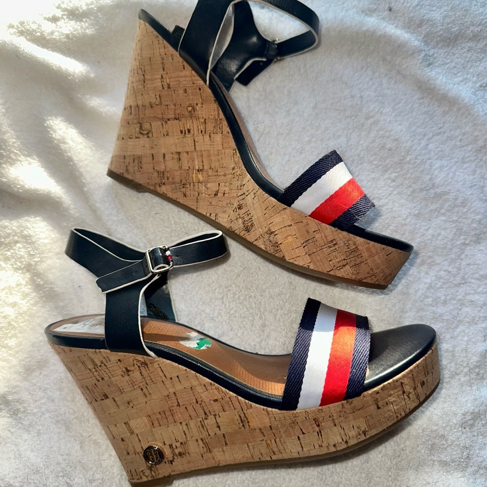Tommy Hilfiger Navy and Red Striped Wedges